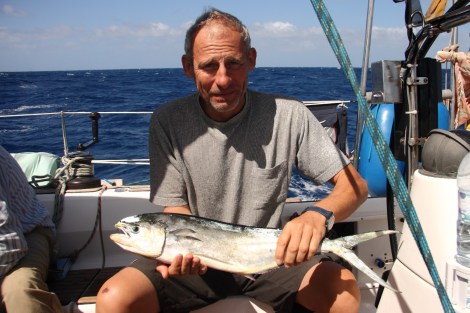 Unser erster Fisch. Eine 60 cm Goldmakrele. In Butter auf Lauchbett. Super lecker...