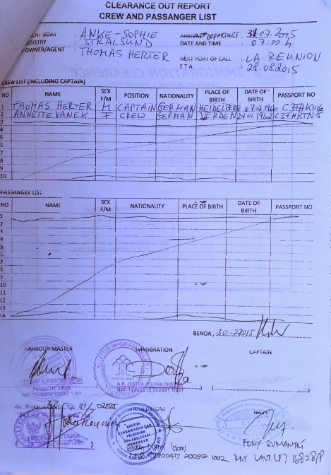 Ausklarierungsformular mit allen Stempeln außer der des Kapitäns