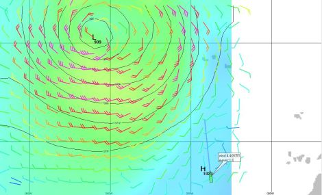 Grib-File für den 24-04.16: ein kräftiges Tief kommt auf die Azoren zu