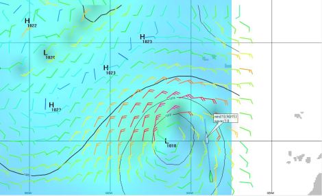 29.04.16: Das Tief wird durch das Hoch rechts von uns am Weiterzug gehindert