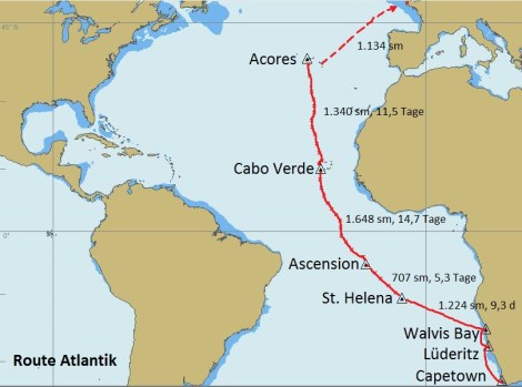 Unsere Route durch über den Atlantik von Kapstadt bis zu den Azoren